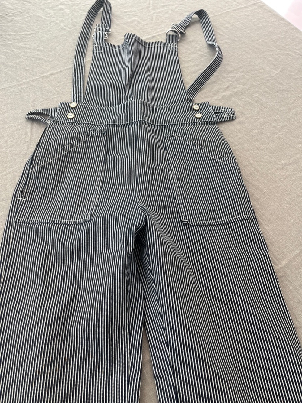 Maje Black and White Pinstripe Cotton Overalls Jumpsuit